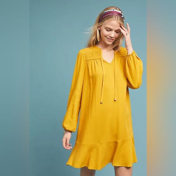 Maeve by Anthropologie Yellow Mustard Long Sleeves Tunic Mini‎ Dress size 12 - Picture 1 of 7